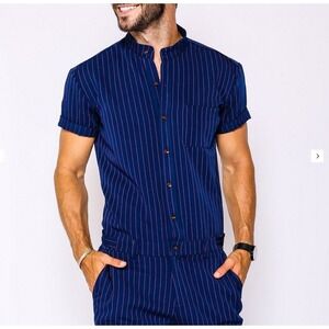 Romperjack Navy Chateau Romper Mens L Blue/Pink Stripe Button-Up Romper Jack NEW